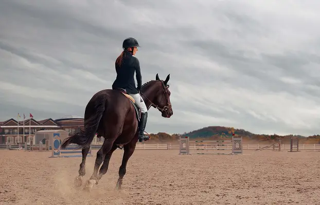 Cavalière à cheval galopant sur une piste de sable