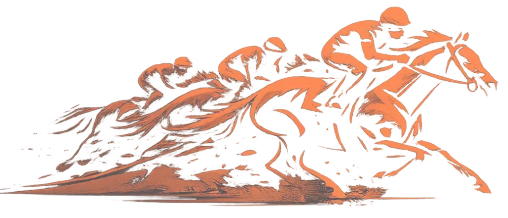 Illustration orange représentant plusieurs chevaux et jockeys en course
